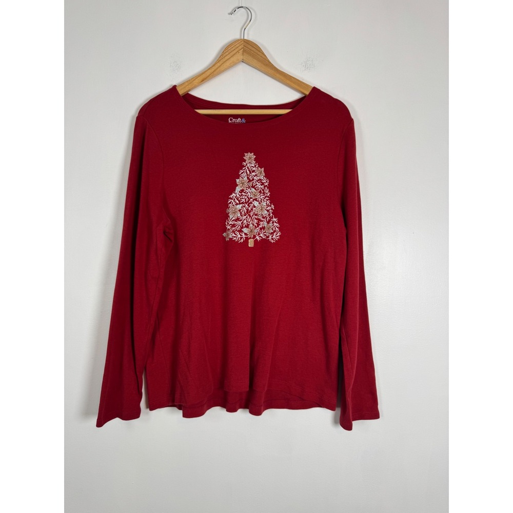 Festive Croft & Barrow Womens XL Long Sleeve Tee Red Embroidered Christmas Tree